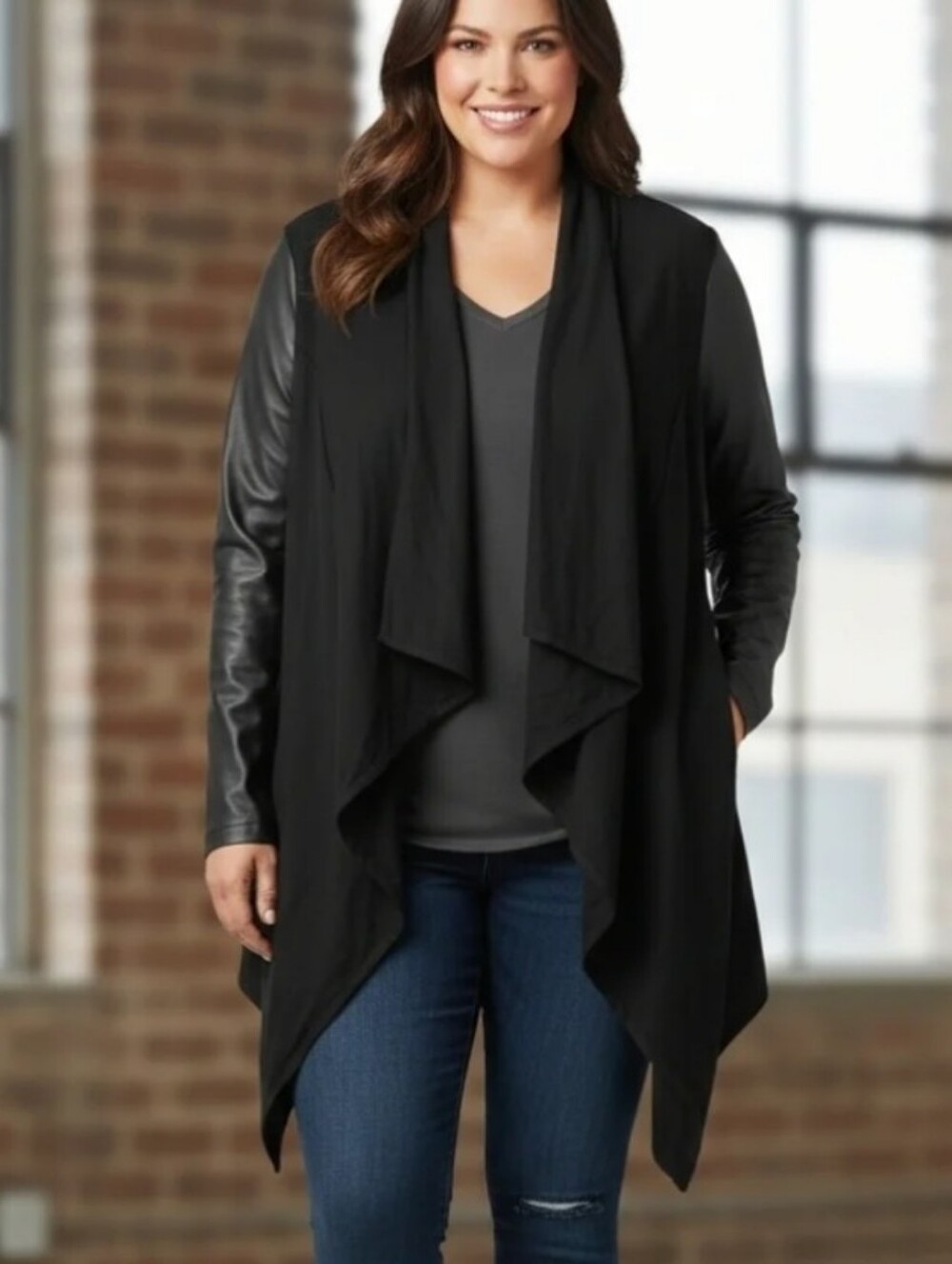 torrid Black Ponte Cardigan with Faux Leather Sleeves